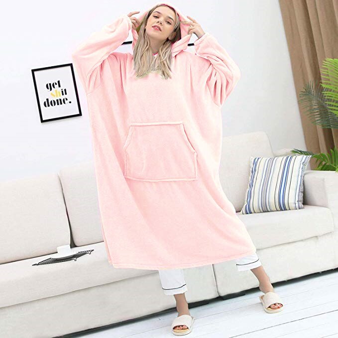 Super Long Oversized Blanket HoodieWinter Hooded Wearable Family TV Blanket with Sleeves Thicken Sherpa Fleece Hoody Sweatshirt: Pink