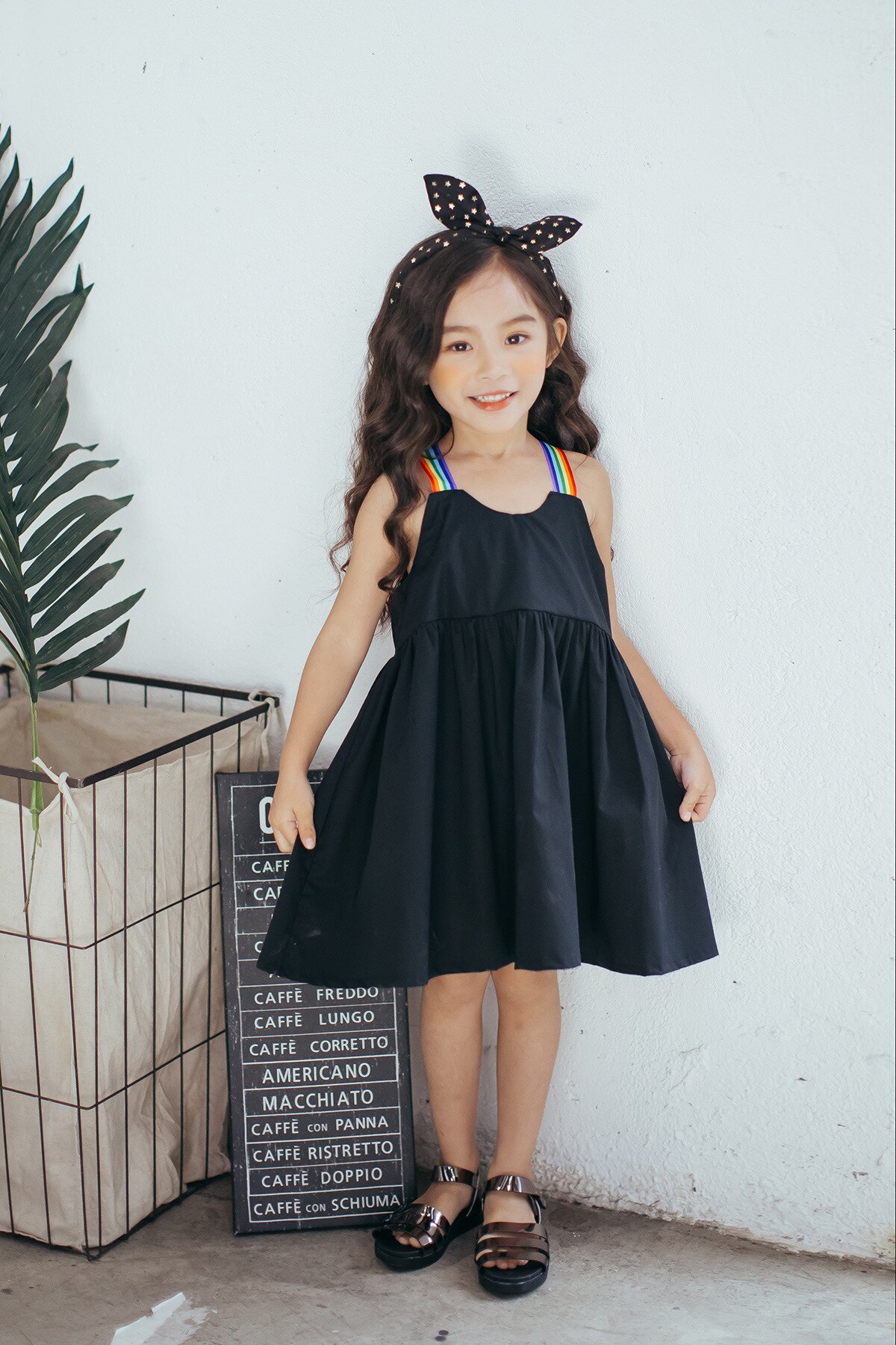 Children Clothing Girls Rainbow Strap Simply Black Cotton Dress Lovely Casual Kids Summer Dress