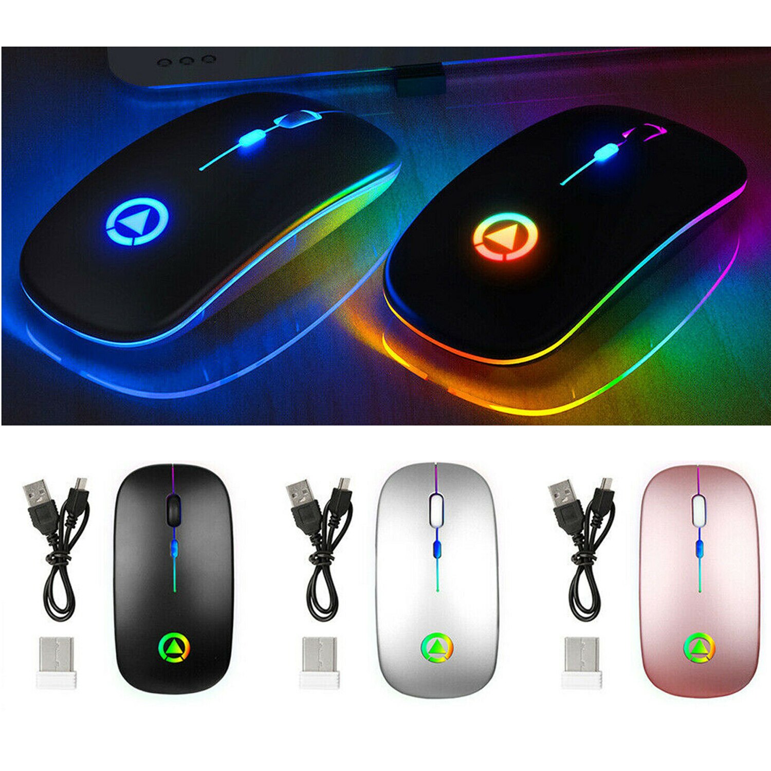 Ultra-thin LED Light Rechargeable & Battery Mouse 2.4GHz Digital Wireless Mute USB Optical Ergonomic Game Mouse Laptop Computer