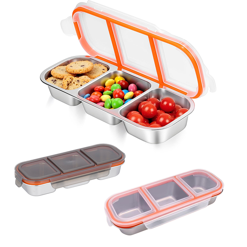 Snackbeholdere i rustfritt stål, gjenbrukbare krydderbokser med lokk, 3- roms sauskopper, delte matoppbevaringsbeholdere