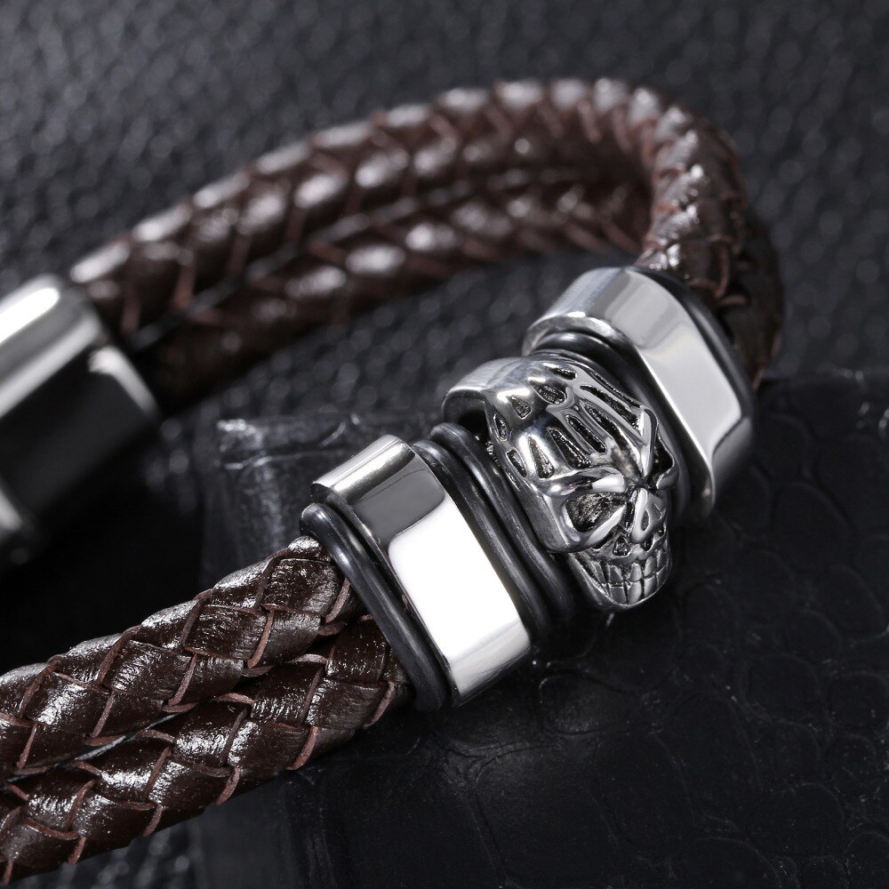 TrustyLan Leder Armbinde Männer Edelstahl Schädel Armbänder Armreifen Punk Felsen cool Armbinde Herren Schmuck Armbinde