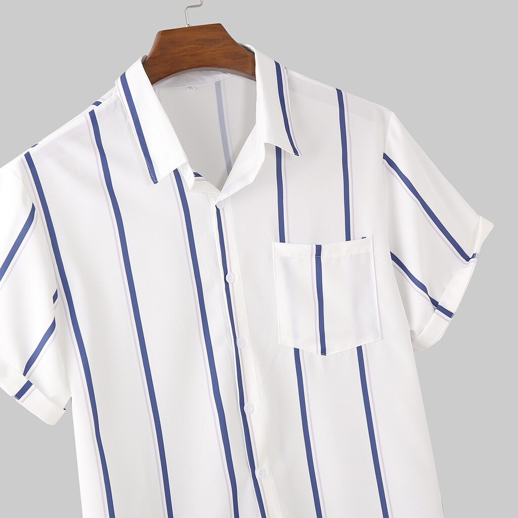 Mode Mannen Casual Shirt Gestreepte Korte Mouwen Revers Hals Ademend Blouse Camisa Masculina Street Shirts Mannen S-5xl