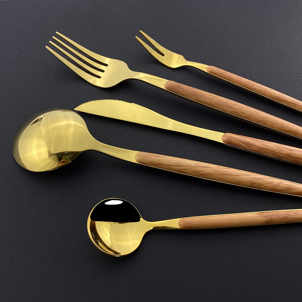 30Pcs Gold Bestek Set Houten Handvat Servies Rvs Servies Mes Vork Lepel Bestek Met Plastic Opbergdoos Lade