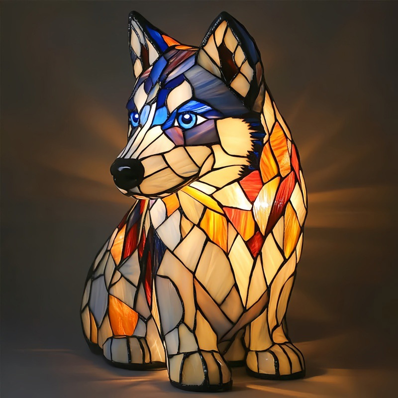 Kattelampe i farget glass, retro magisk katt i farget harpiksbordlampe - søt led-lampe med kjæledyrtema for hunde- og katteelskere: Beige