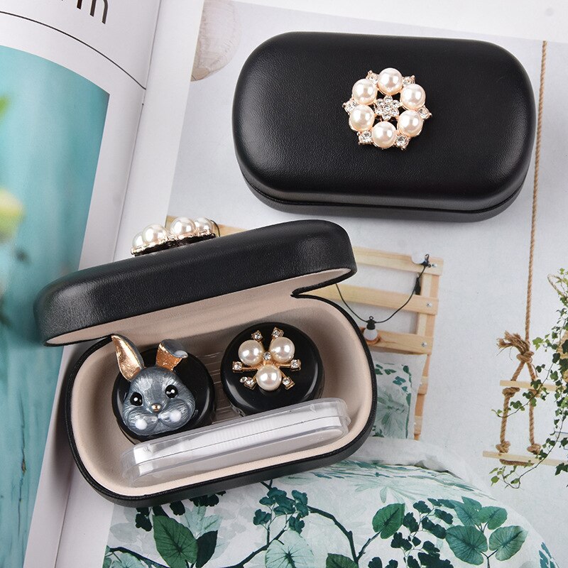 Estuche para lentes de contacto de conejo de dibujos animados para mujer, caja de almacenamiento, contenedor para lentes de ojo, conjunto de soporte, accesorios para gafas: black