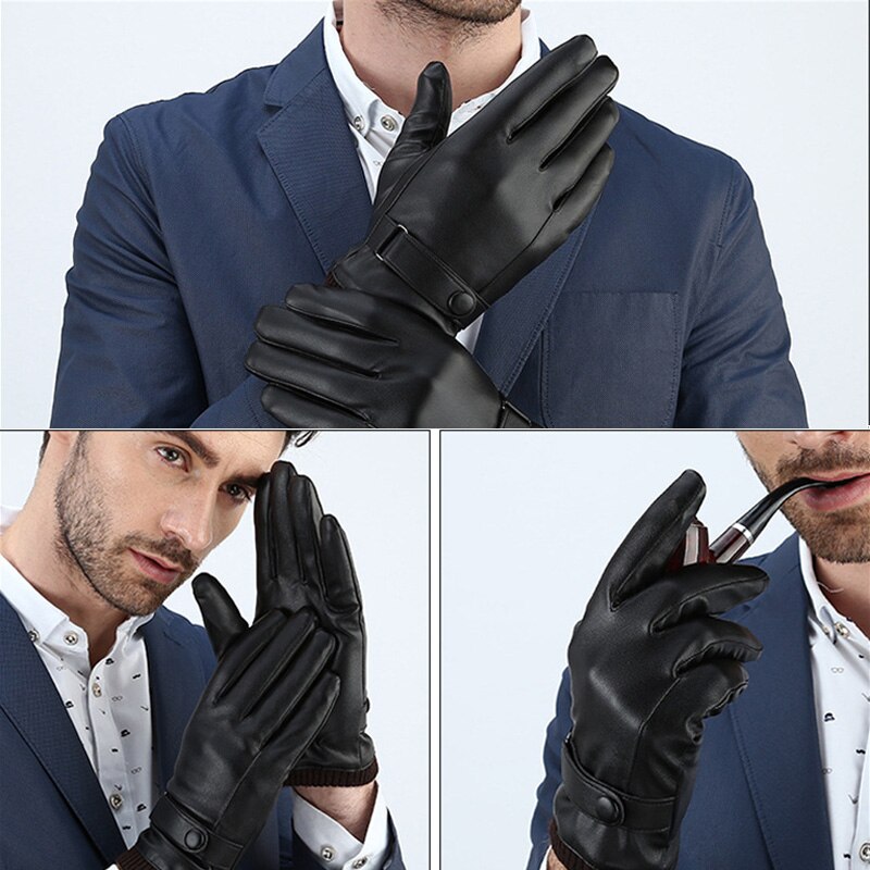 Guantes de cuero para hombre, resistentes al viento y a la pantalla táctil, para invierno y otoño, conducción de abrigo, color negro
