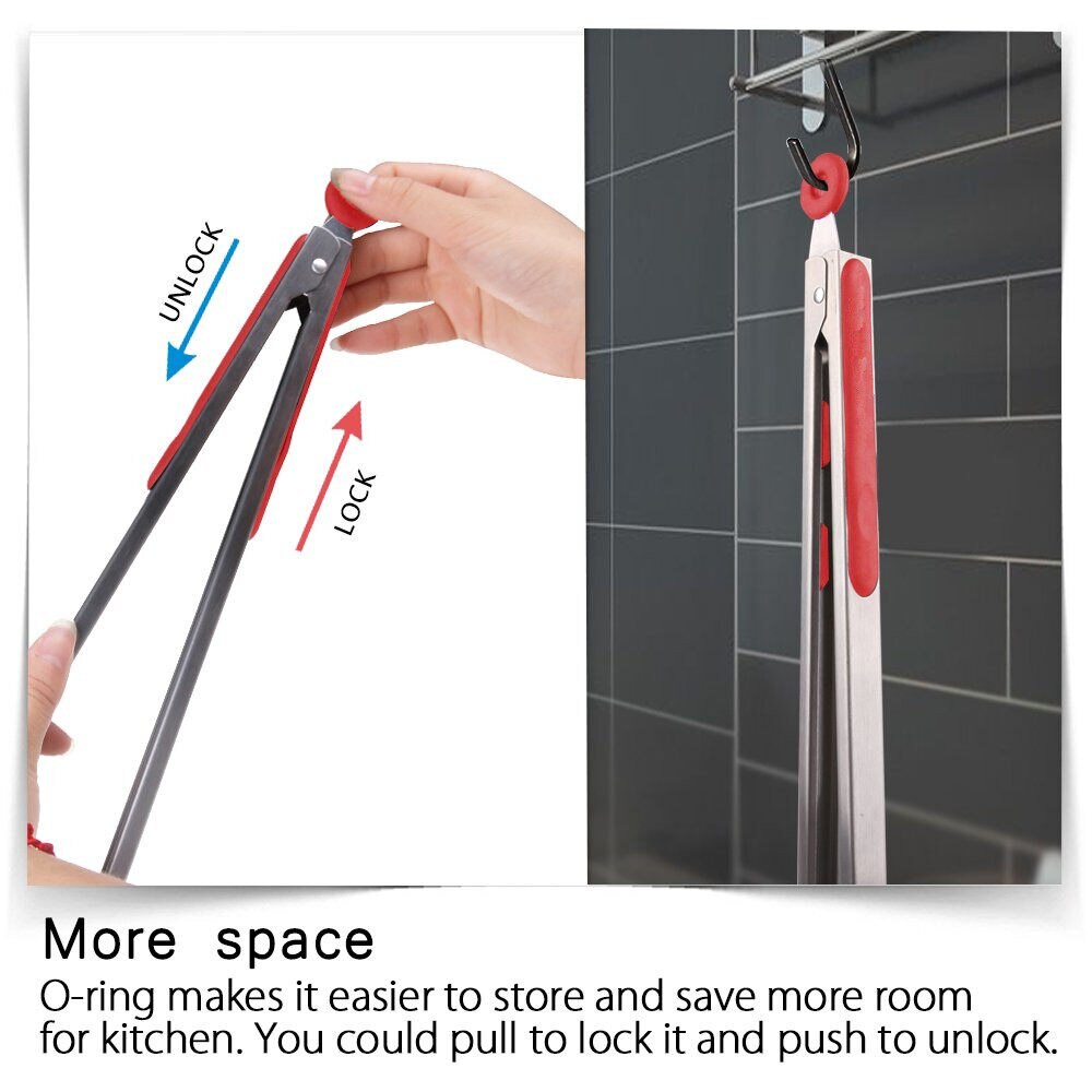 9/12 Inch Kitchen Cooking Tongs Heat Resistant Stainless Steel Bbq Tong with Silicone Tips and Stand for Spaghetti Salad