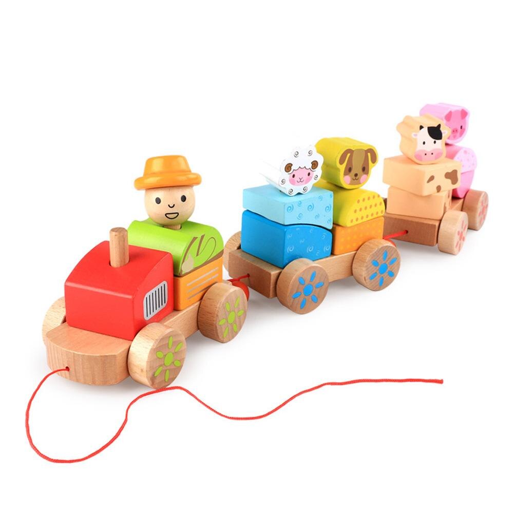 kinderen Houten Boerderij Dieren Stapelen Trein Kleine Pull Treinen Baby Vroegschoolse Cognitieve Peuter Speelgoed