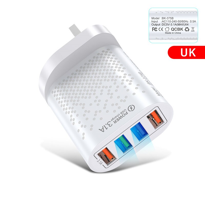 USLION 48W ładowarka USB szybkie ładowanie QC 3.0 ściana ładowanie dla iPhone 12 11 Samsung Xiaomi Mobile 4 porty ue usa wtyczka Adapter podróży: White UK