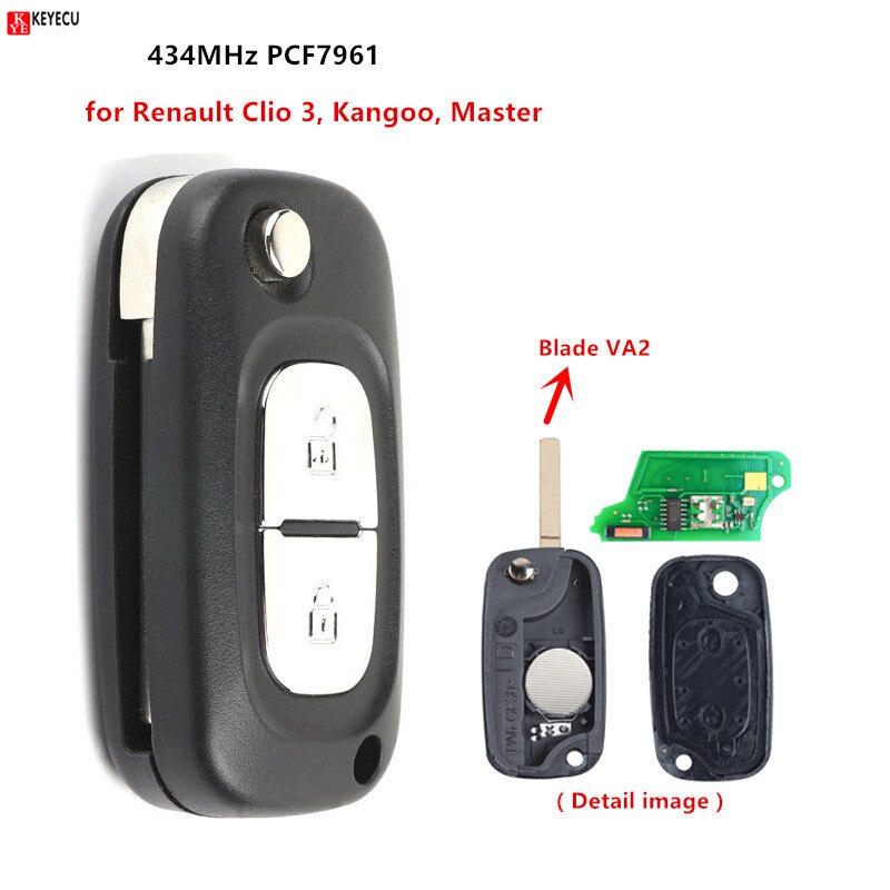 KEYECU – clé télécommande de remplacement à 2 boutons, 433MHz, pour Renault Clio 3, Kangoo, Master,Twingo, Modus P/N: 1618477A, PCF7961