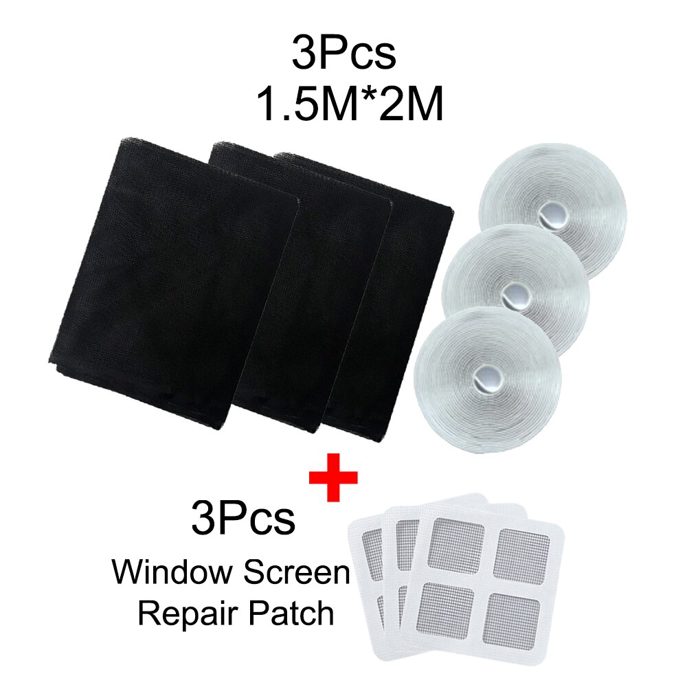 Window Screen Mosquito Net Curtain Fly Mosquito Window Net Mesh Indoor Insect Fly Screen Curtain Mesh Bug Net with Tape: 3PCS 1.5Mx2M Black