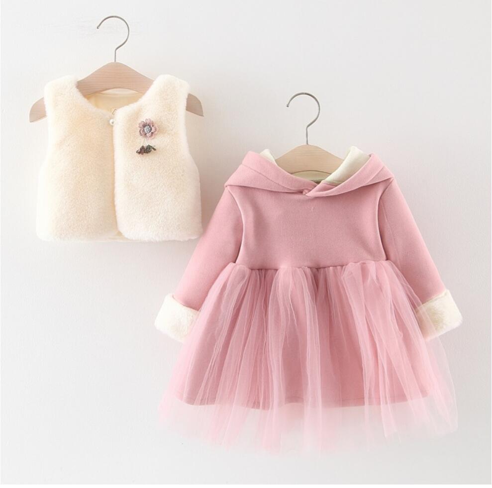 Moda uszy królika dziewczynka sukienka zimowa ładny gruby kaszmir sukienka + kwiat futro kamizelka dziewczyny odzież 2 sztuk zestaw dla 1 2 3 4 5 lat