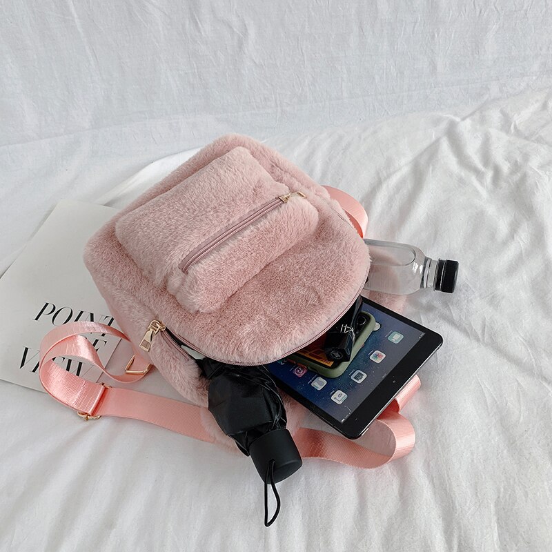 Bear Ears Plush Female Backpack Faux Fur Shoulders Bag Cute Furry Women Bag Winter Bags For Women 2022 Mini Girl Backpacks