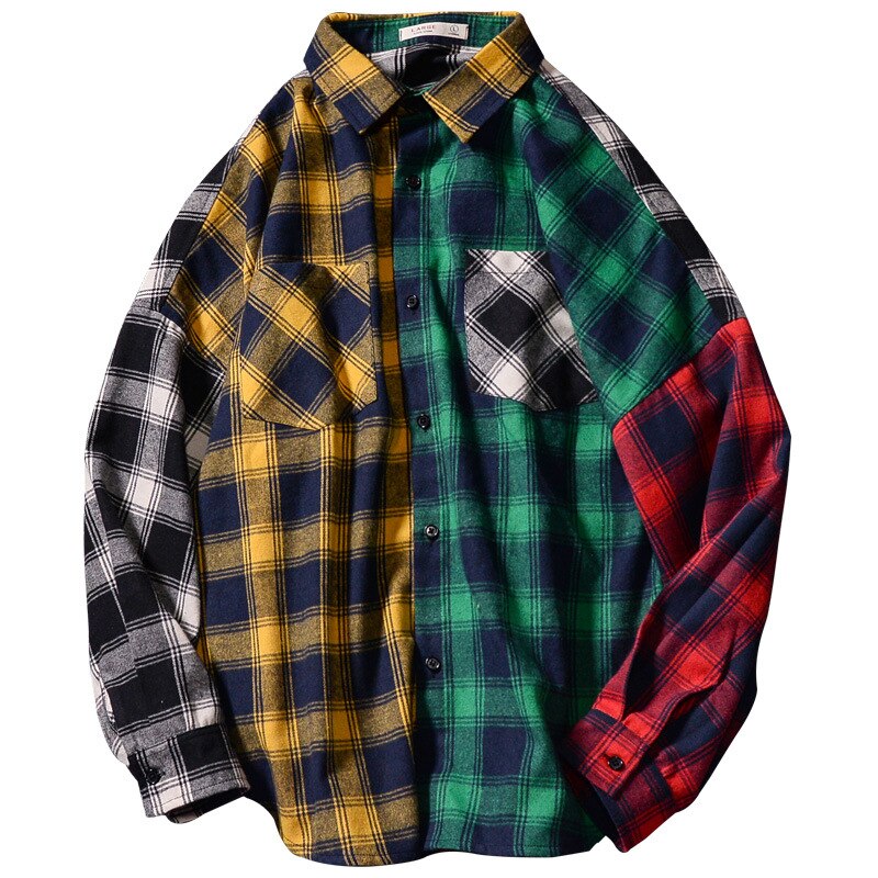 Spring And Autumn Plaid Long-Sleeved Shirt For Men And Women Couples Loose Color Matching Hip-Hop Trend Thin Shirt