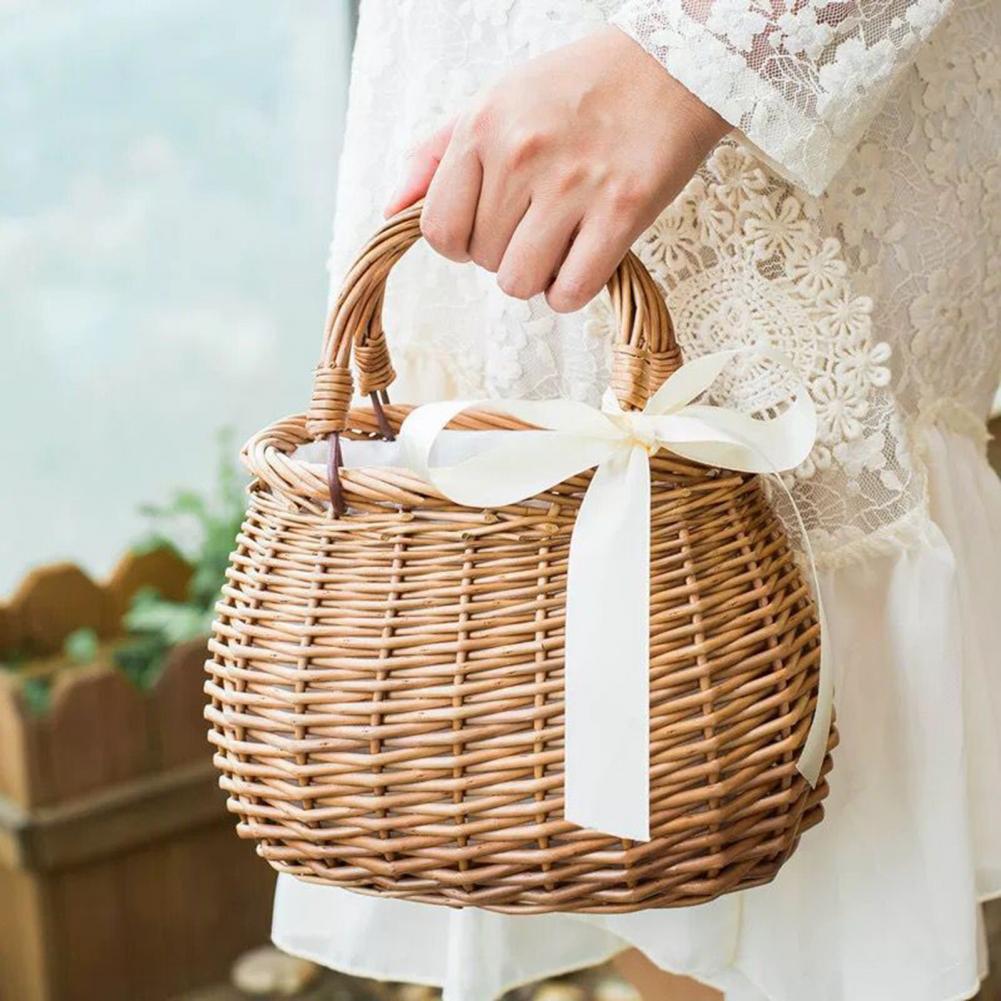 Wicker Flower Basket Rustic Style Woven Handbag Handmade Rattan Woven Trendy Concise Women Handbag Picnic Fabric Rattan Basket