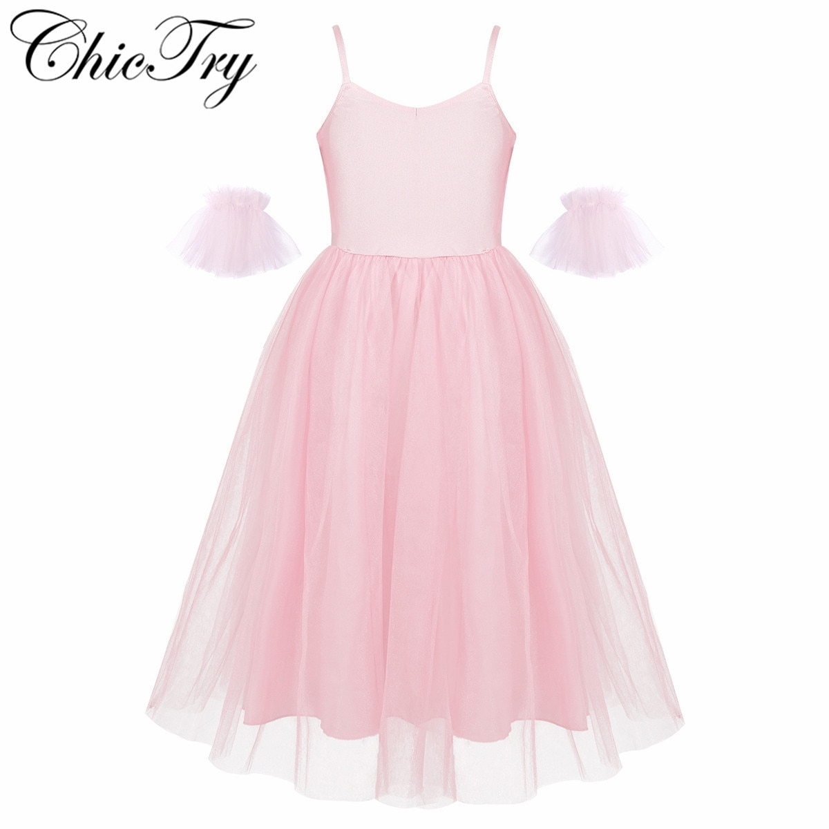 Children's Ballet Tutu Romantic Style Long Tutu Ballet Dance Costumes Ballerina Dress with Ruffled Arm Sleeves for Performance