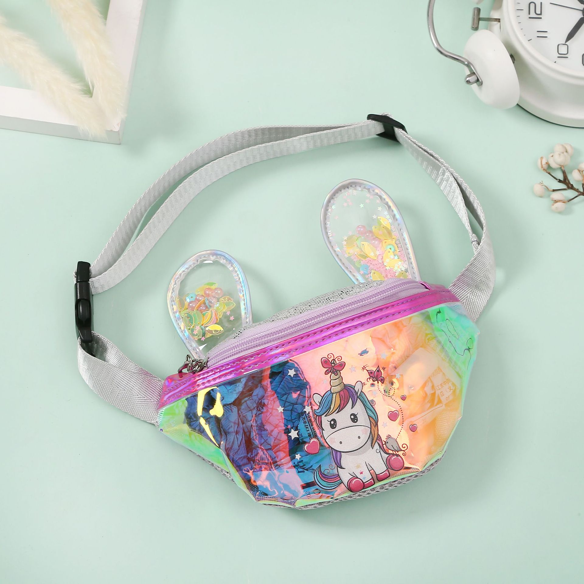 women leather waist bag cartoon sequin fanny pack for kid girl cute phone chest bag female belt bag fanny packs: rose