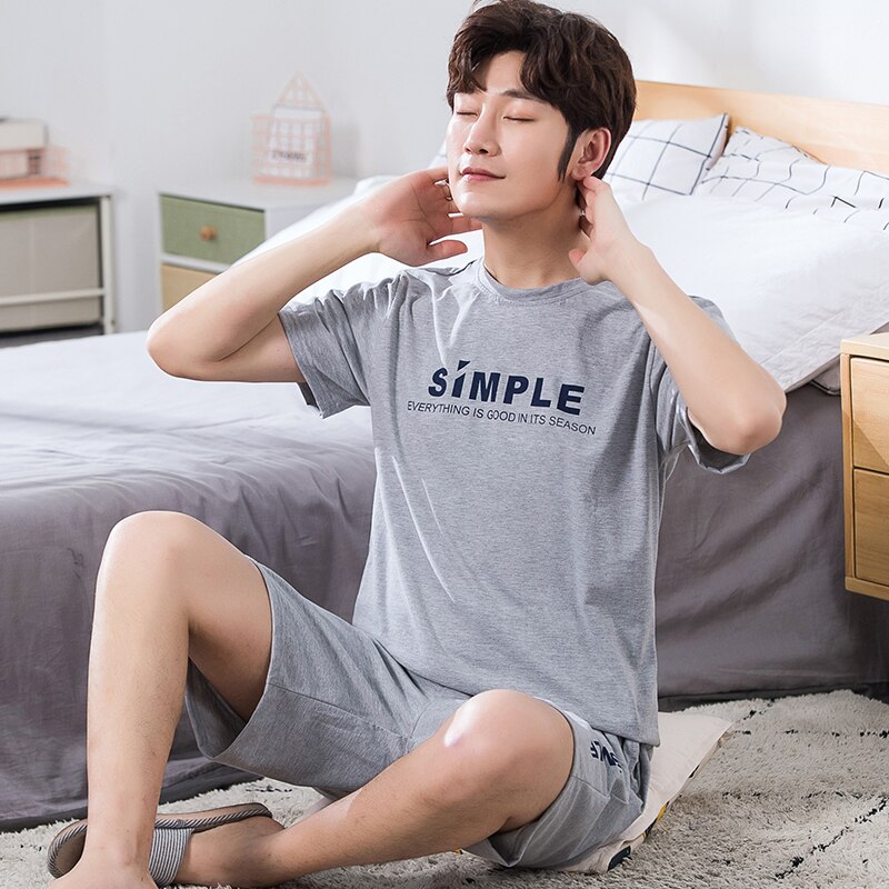 Yidanna Men Pajamas Set Knitted Cotton Nightwear Short Sleeved Sleepwear Summer Sleep Clothing Letters Nighties Nightdress Suit