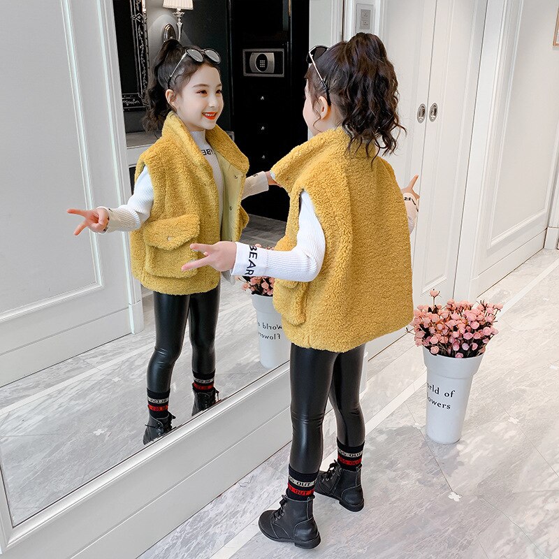 Children Winter Fleece Waistcoat Teenage Girl Sleeveless Single-breasted Plush Vest Pure Color Pockets Thicken Warm Chaleco Niña