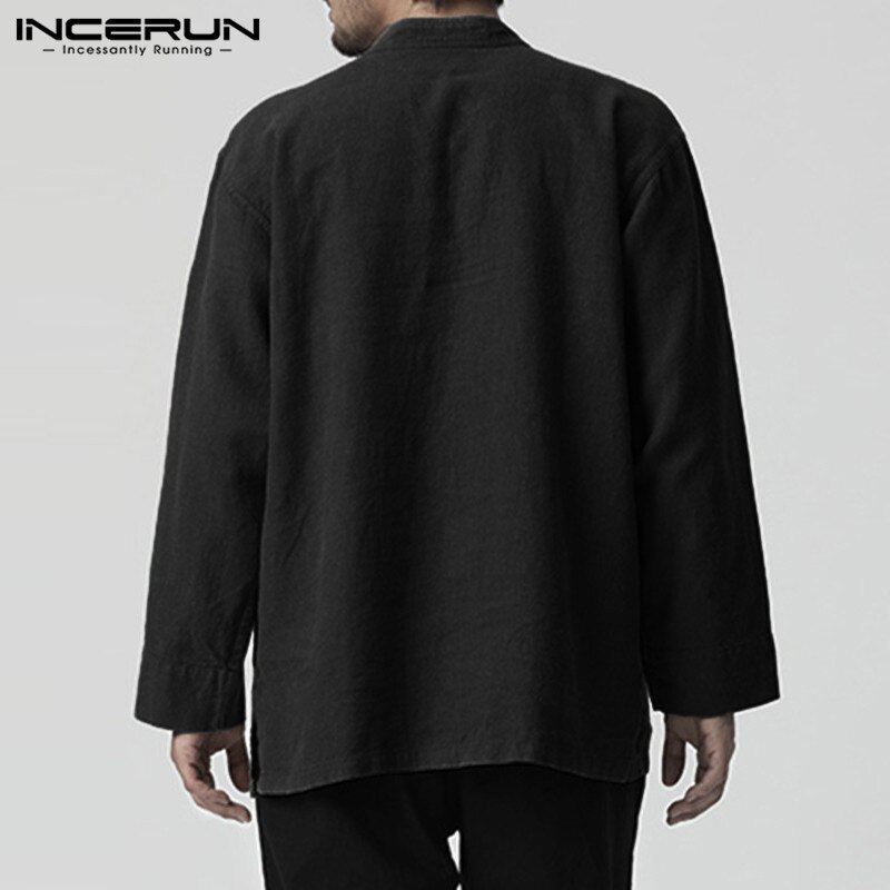 INCERUN Mens Shirt Vintage Long Sleeve V-neck Cotton Linen Men Tops Plus Size Chinese Style Loose Mens Casual Shirts Camisa