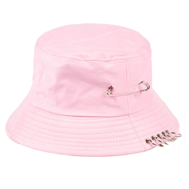 Harajuku Punk algodón personalidad sombrero de cubo Metal Pin o-anillos Color sólido ala ancha protector solar plegable Hip Hop pescador Cap: Rosa