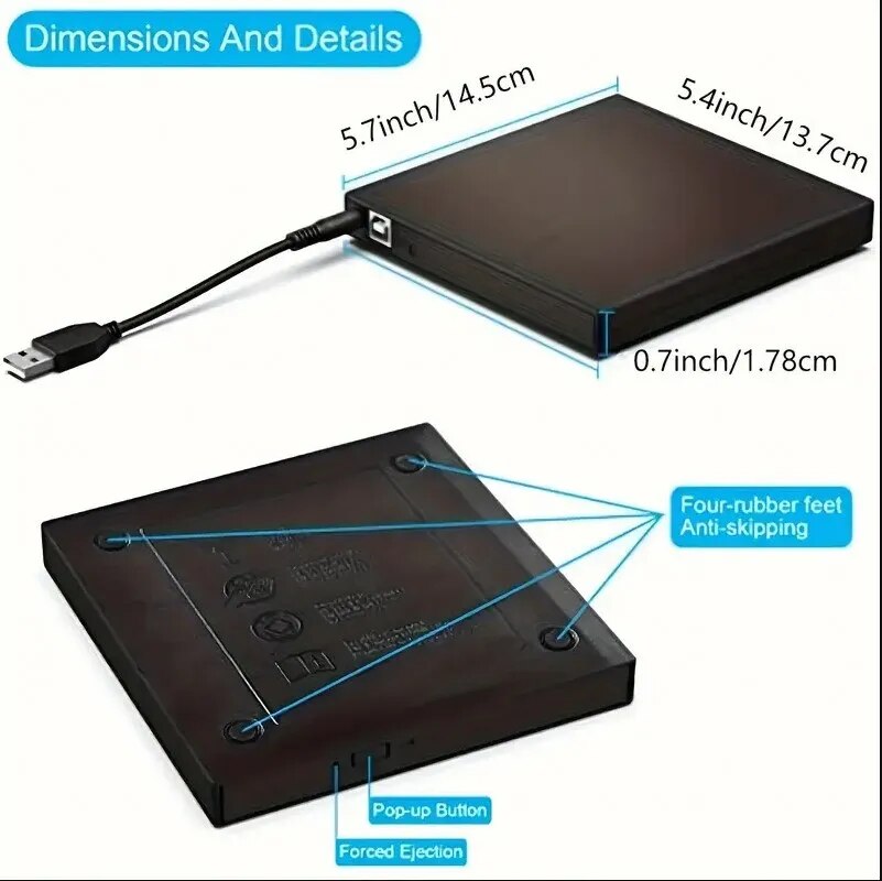 External CD DVD Drive, USB 2.0 Slim Protectable External CD-RW Drive DVD-ROM Player for Laptops Desktop PCs: Default Title