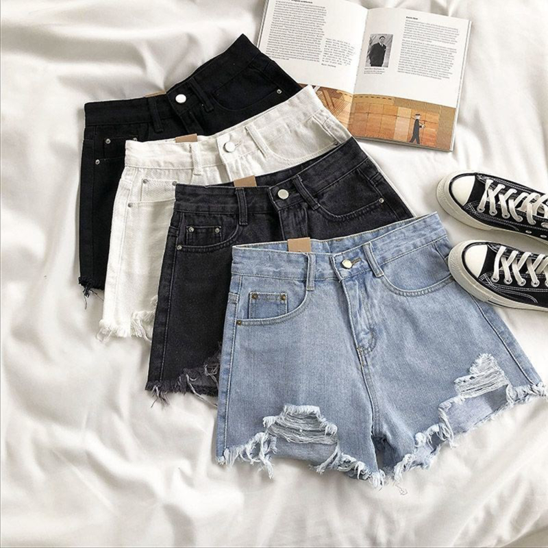 Short en jean taille haute à jambes larges pour femmes, denim coréen, trous, féminine, , décontracté, rue, court, , 2024