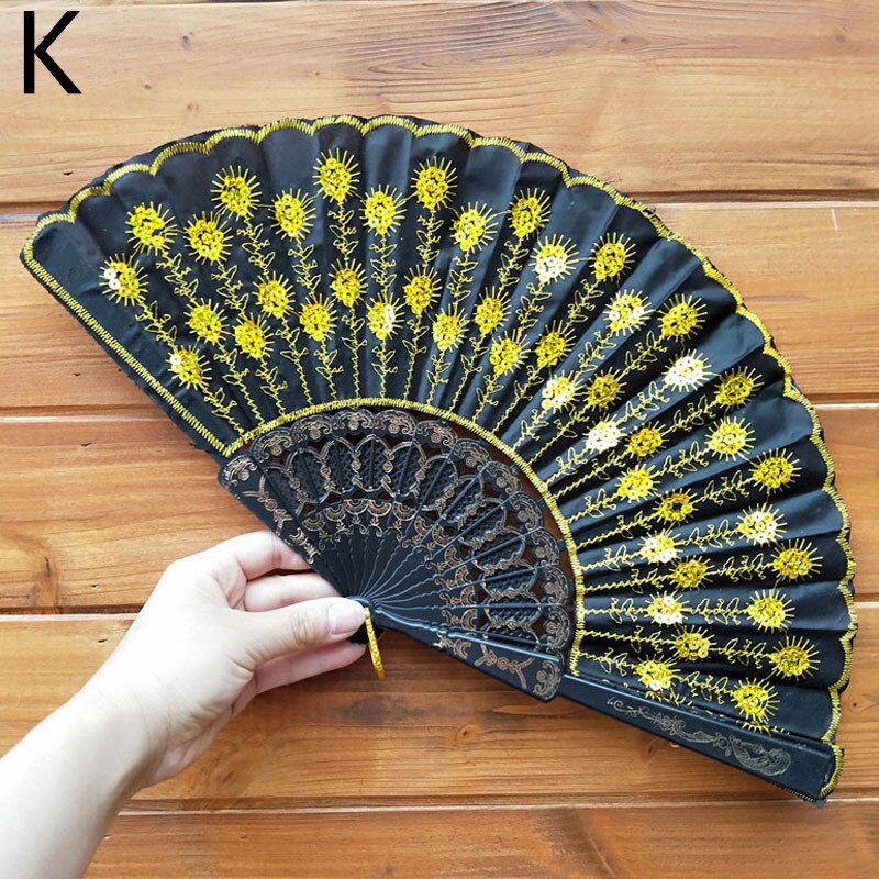 Art Fan Folding Tail Feather Plastic Bone Sequins Carved Hand Fan Summer Accessory Crafts Print Home Decor Embroidery: K
