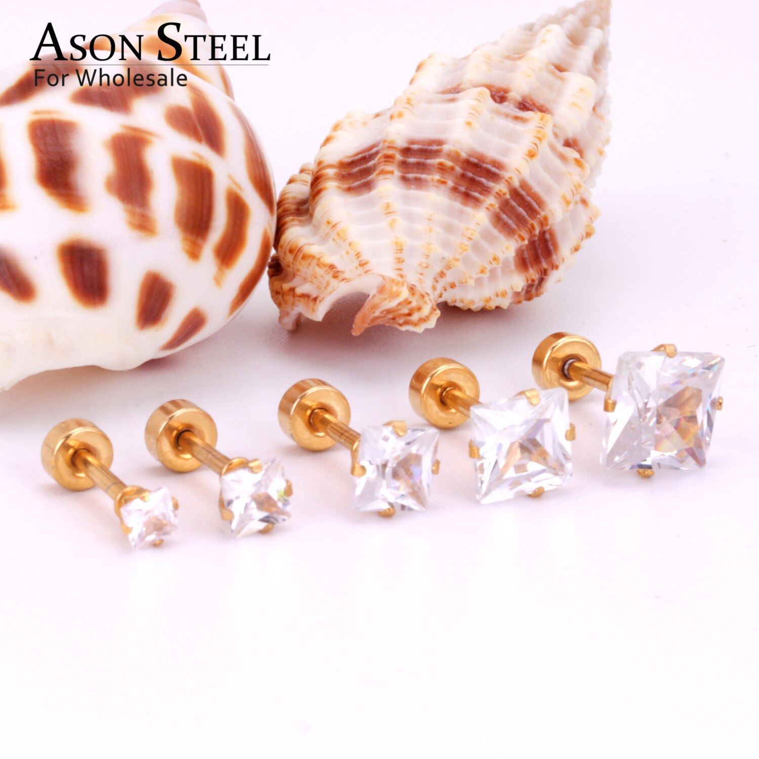 ASONSTEEL 5Pairs Square Cubic Zircnia Earring Sets Mixed Size 3mm to 7mm Stainless Steel Earrings for Women Anti-allergy Jewelry