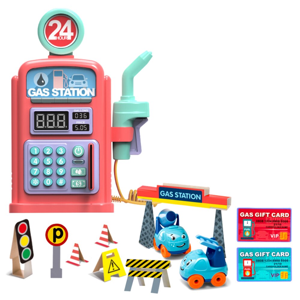 1 sæt tankstation legetøjsbørns simulering taler tankstation scene model legetøj med lyd lys børns jul: Lyserød