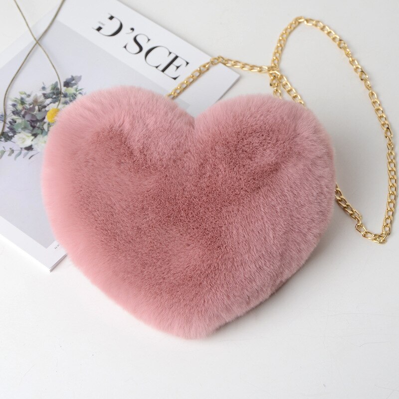 Women&#39;s Heart Shaped Handbags Cute Kawaii Faux Fur Crossbody Bags Wallet Purse Chain Shoulder Bag Lady Handbag: Rubber red