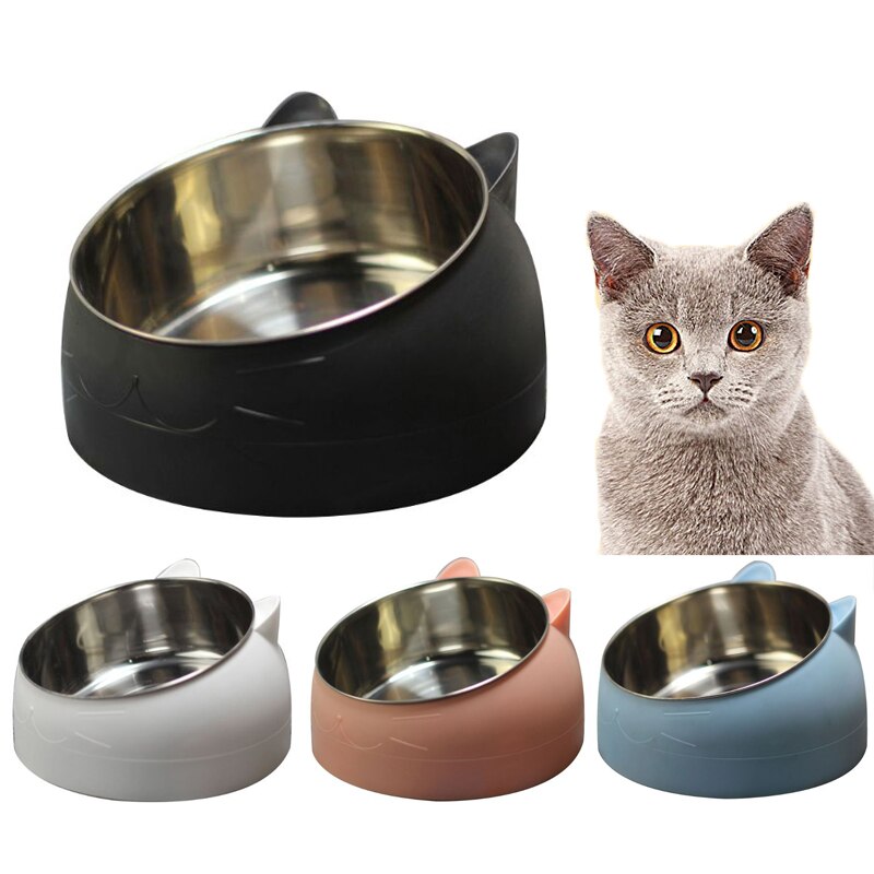 200ml Cat Bowls 15 Degrees Tilted Stainless Steel Dod Bowl Non-slip Base Puppy Pet Food Drink Feeder Neck Protection Dish Bowl