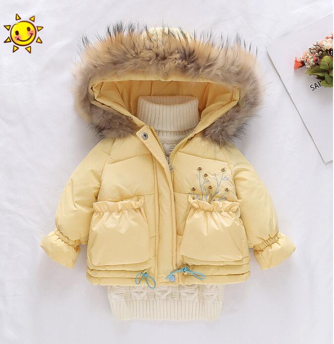 Baby vinter bomuldsfrakke til piger parker snøredragt børn ensfarvet tøj pels krave overtøj søde parker hætteklædte tøj: Beige / 9m