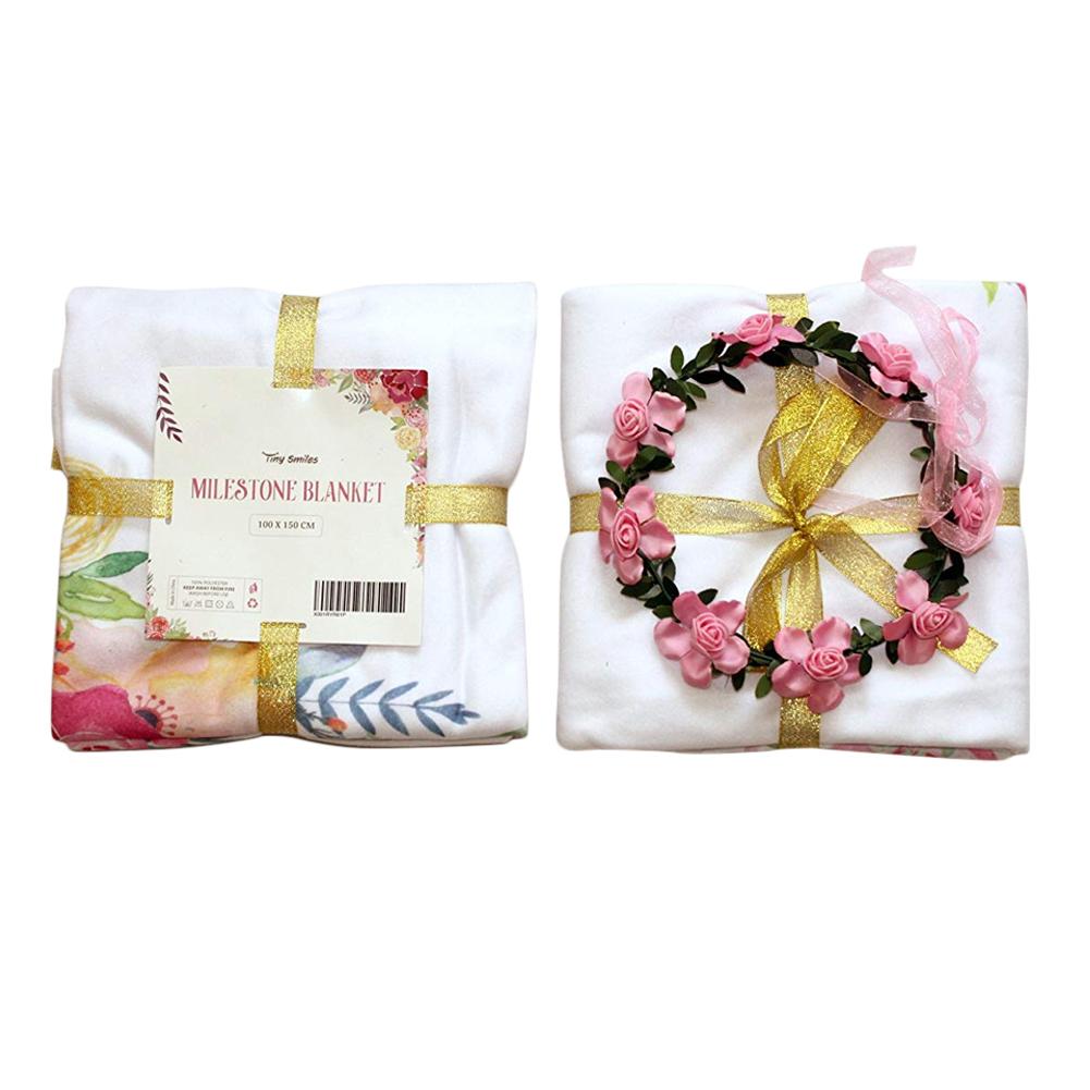 Babyluierdeken voor fotografie, maandelijkse groeimeter, schattige patronen, mijlpaaldeken met bloemenkrans