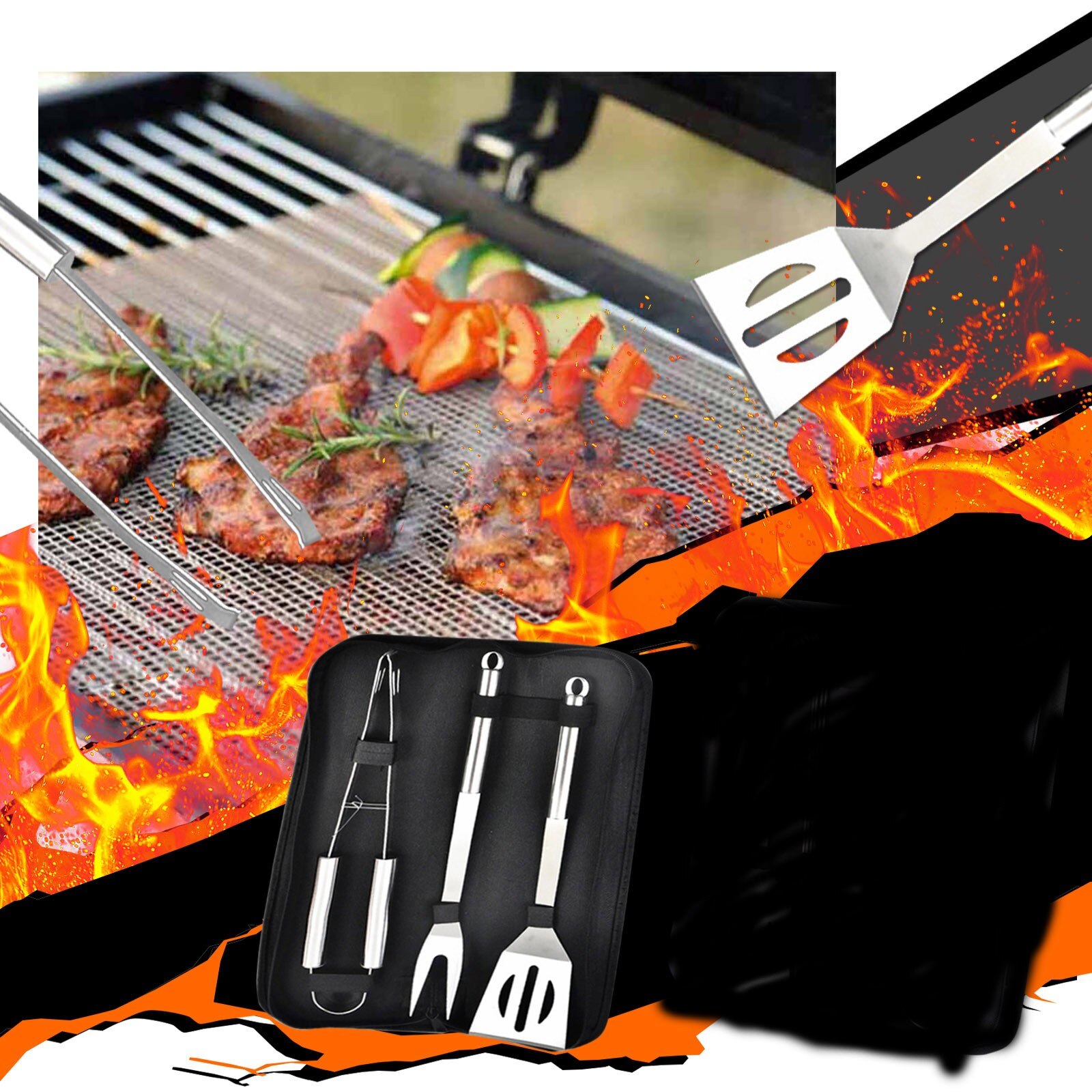 BBQ Set Grill Cooking Utensils Kit Stainless Steel Shovel Fork Tong Barbecue Tool Portable Case BBQ Accessories Bakeware Sets