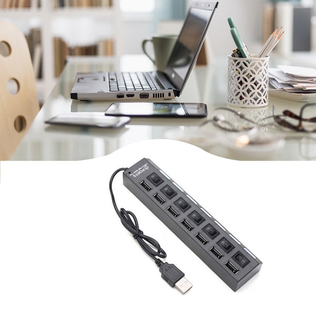 7 Ports LED USB 2.0 Adapter Hub Power on/off Switch For PC Laptop USB 2.0 High-speed USB Hub Computer Accessories