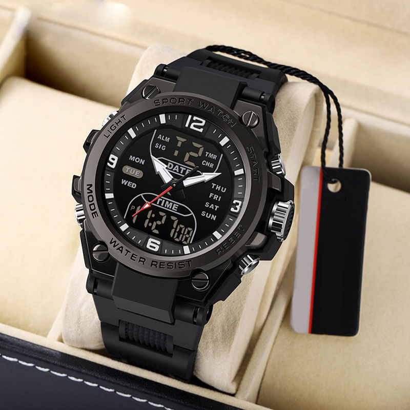 Reloj de pulsera de para hombre, reloj deportivo juvenil multifuncional de , reloj electrónico de doble pantalla: Negro