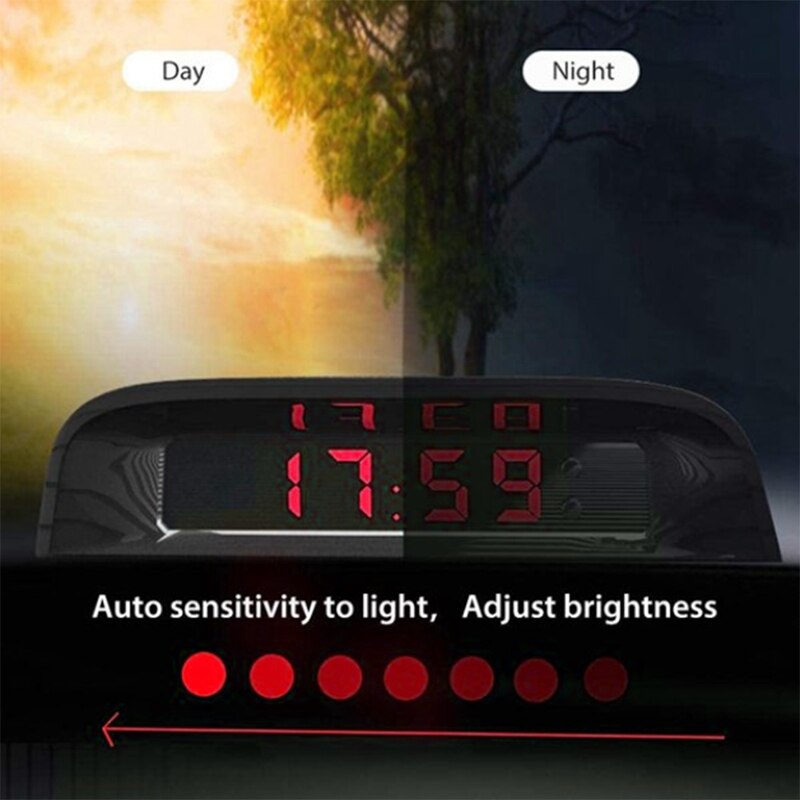 Car Clock Internal, Stick-on Digital Watch Solar Powered 24-Hour Car Clock with Built-in Battery, Car Decor (Red Light)