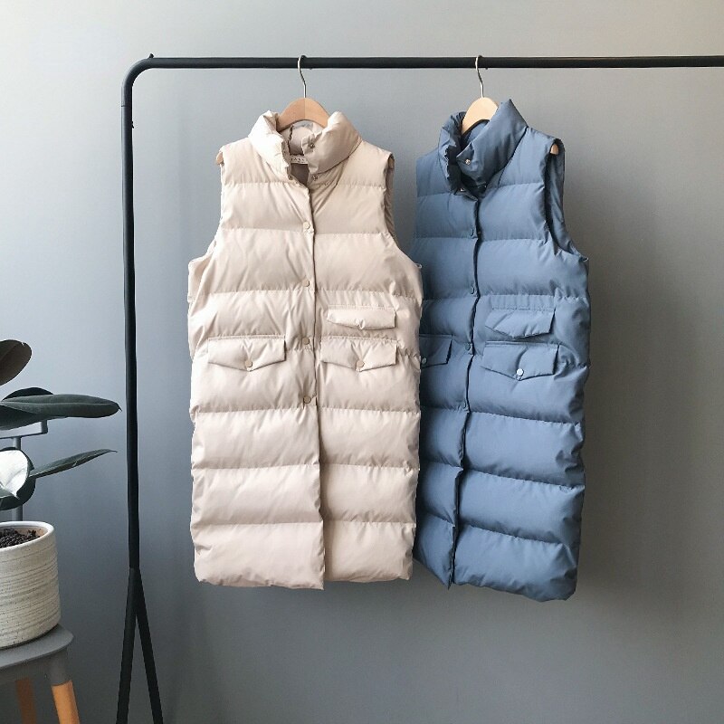 Höst vinter bomullsväst dam dam fritidsväst kvinnlig ärmlös lång väst jacka slim fit varm pufferrock