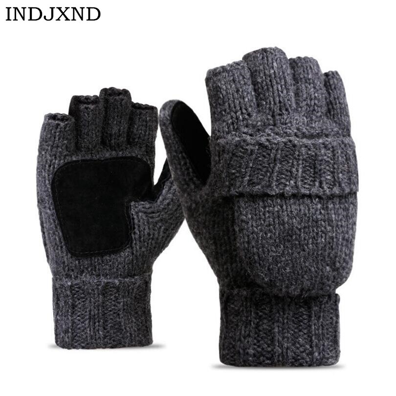 Unisex Plus Dikke Mannelijke Vingerloze Handschoenen Mannen Wol Winter Warm Blootgesteld Vinger Wanten Gebreide Warme Flip Half Vinger Handschoenen