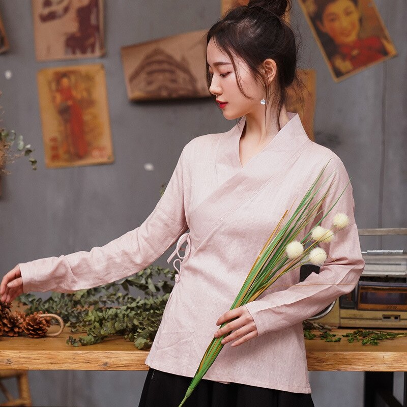Camisa de lino y algodón para mujer, blusa Vintage, lisa, Oriental, Hanfu chino tradicional, etapa Hanfu: M / Beige