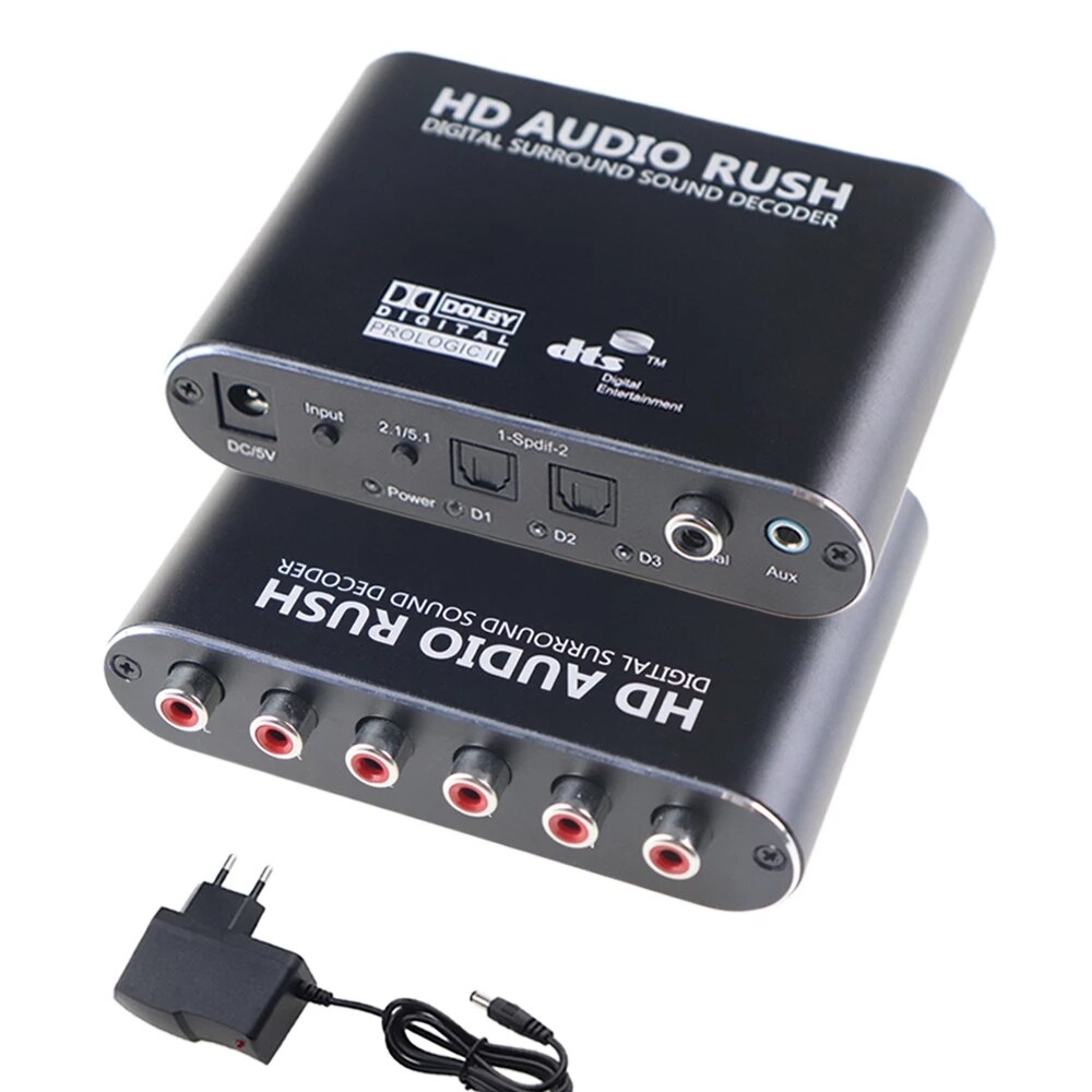 HD Audio Rush Digital Surround Sound Decoder Converter Optical SPDIF Coaxial 3.5 AUX Dolby AC3 DTS to 5.1CH Analog 6 RCA Output