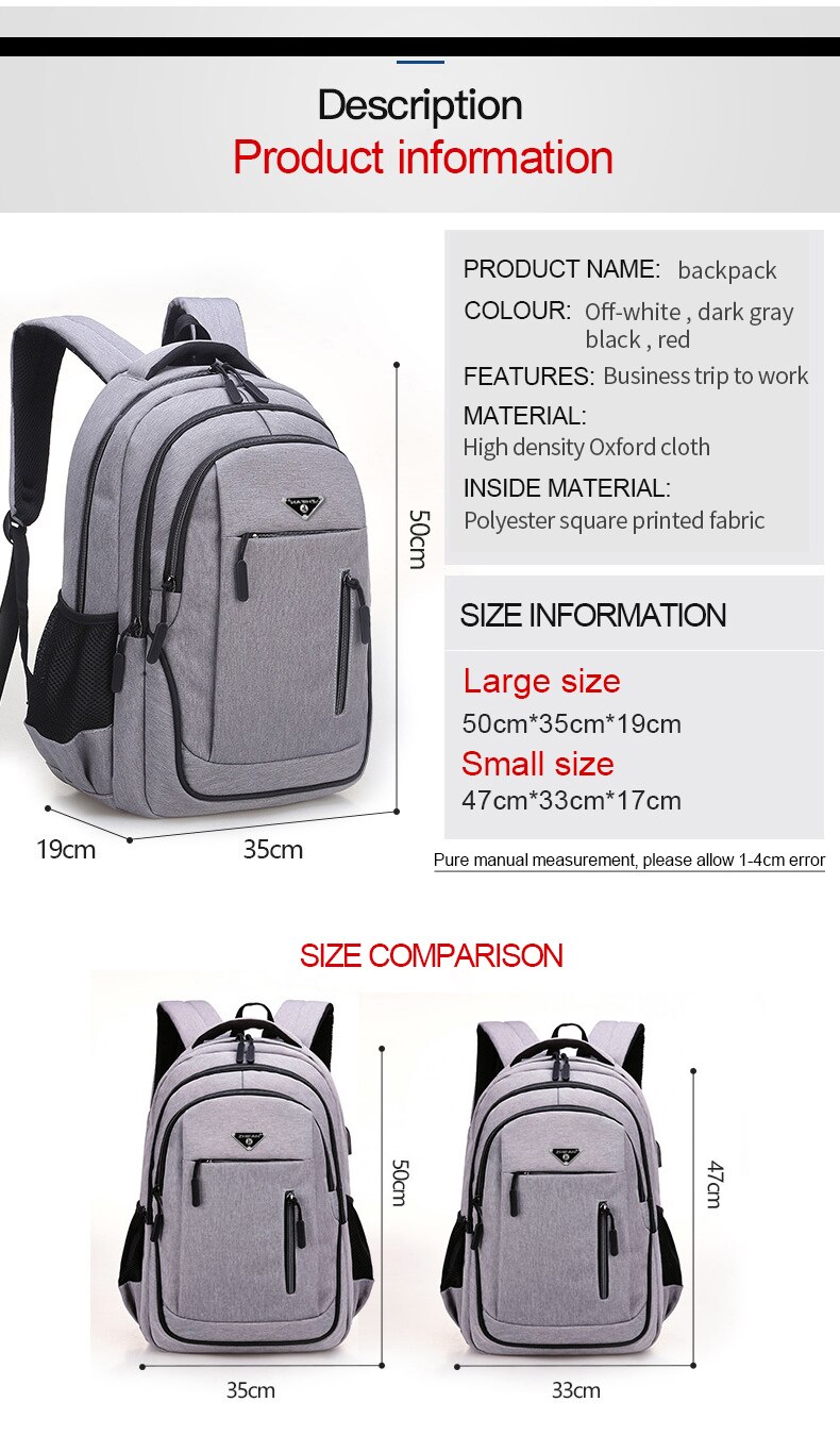 Big Capacity Men Backpack Laptop 15.6 Oxford Gray Solid High School Bags Teen College Student Backpack Multifunctional Backpack