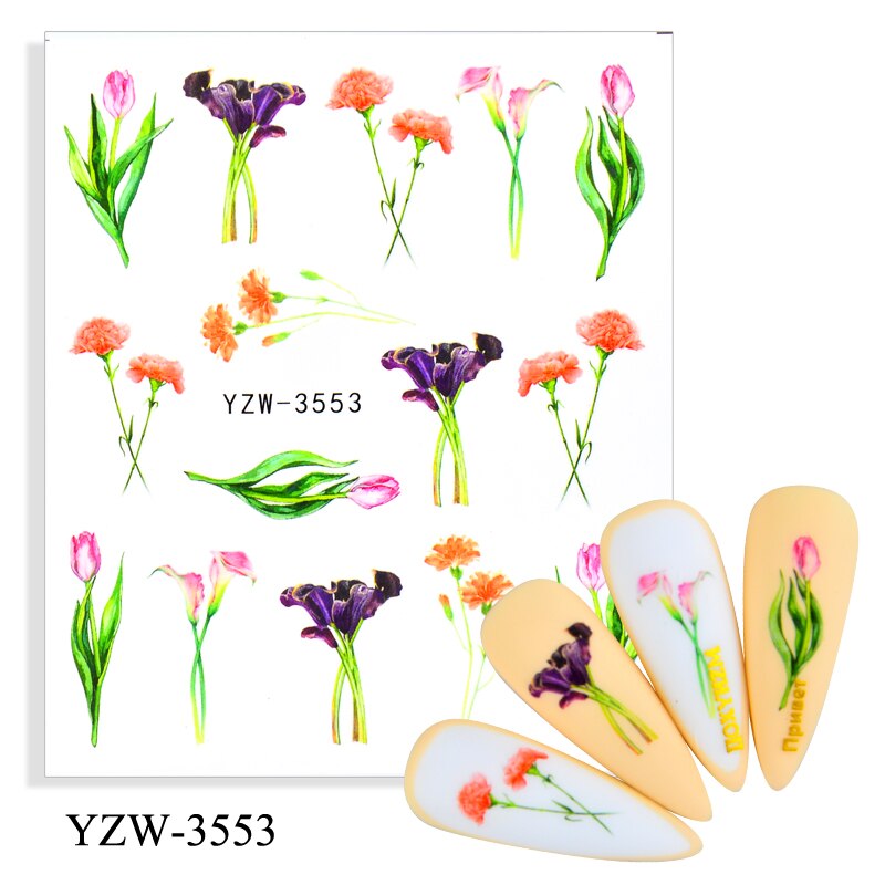 4PCS/LOT Spring Simple Green Theme Water Decal Sticker Lavender/Rose/Leaf DIY Slider For Manicuring Nail Art Watermarks