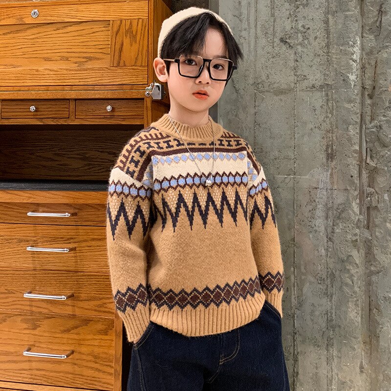 Suéter de algodón con cuello redondo para niños, ropa gruesa de punto para mantener el calor, invierno,