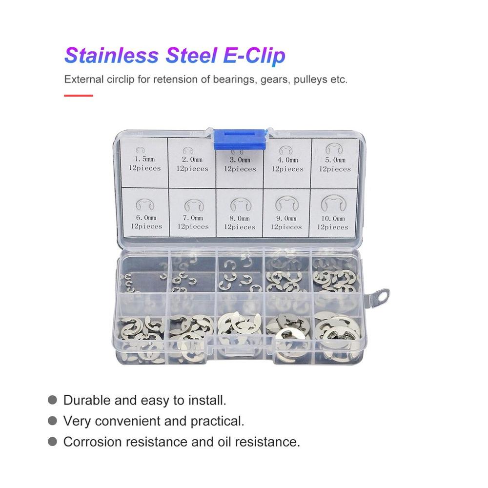 120/200PCS 304 Stainless Steel E Clip Washer Assortment Kit Circlip Retaining Ring for Shaft Fastener M1.5~M10
