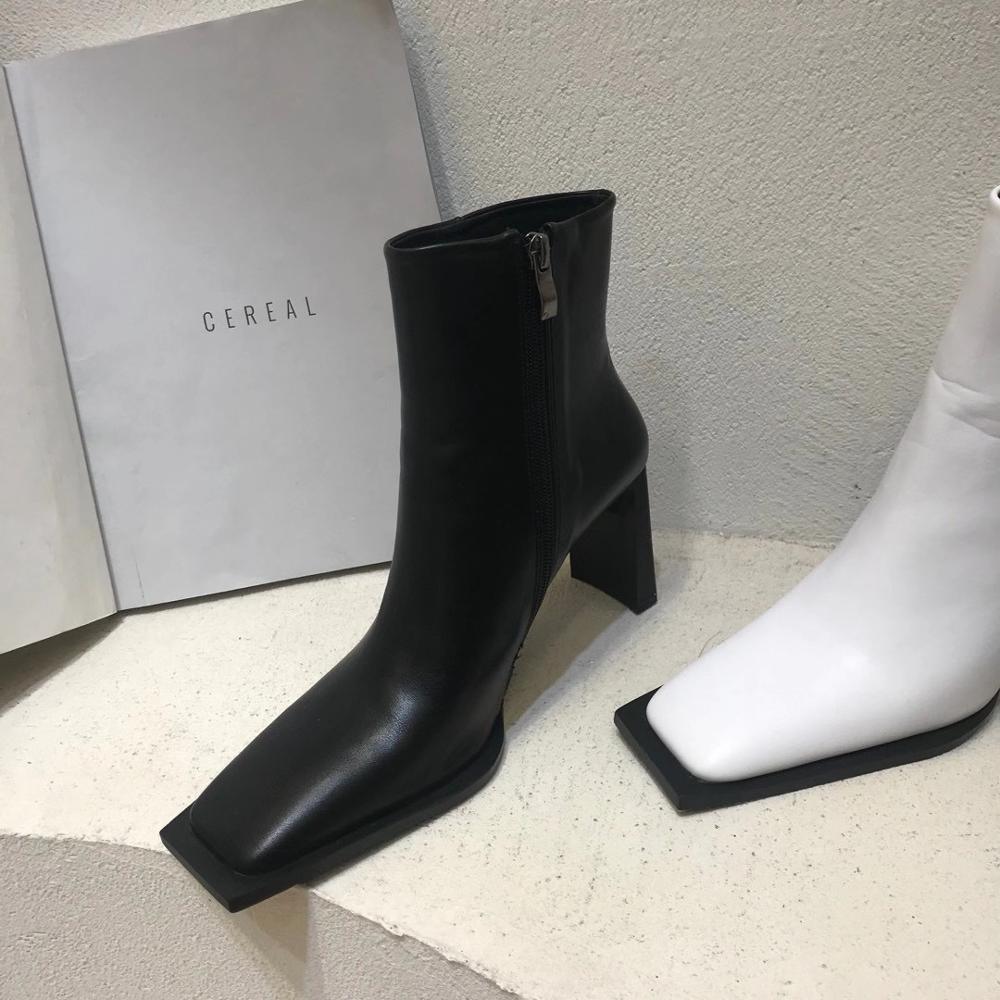 Botas Martin de punta cuadrada para mujer, botines a la con cremallera lateral, estilo romano, de tacón alto grueso para invierno, color blanco y negro