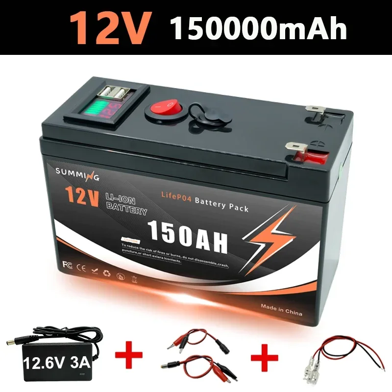 LiFePO4 12V 150Ah wiederaufladbare Lithiumbatterie mit integriertem BMS, für Spielzeug, Solarmodule, Fischfinder, Power Wheels️