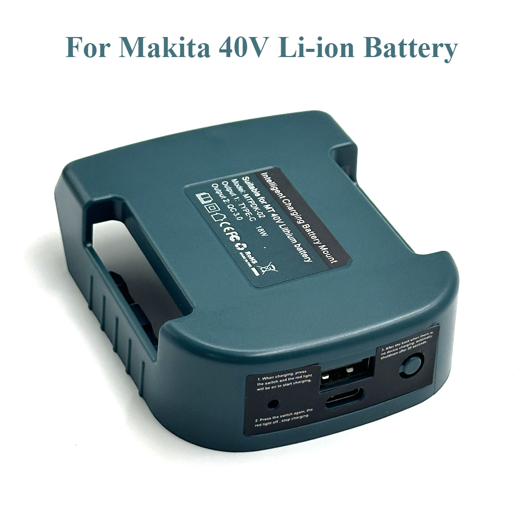 Usb-powerbank-opladeradapter til makita/ryobi/greenworks 40v li-ion-batterier med type-c-port, batteriopbevaringsetui: Khaki