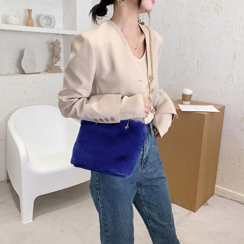 Meisje Mooie Zachte Pluche Schoudertas Faux Fur Winter Keten Crossbody Tas Draagbare Lady Casual Tote Party Handtas